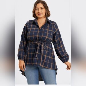 NWT-Plaid Long Sleeve High Low Hem Belted Blouse